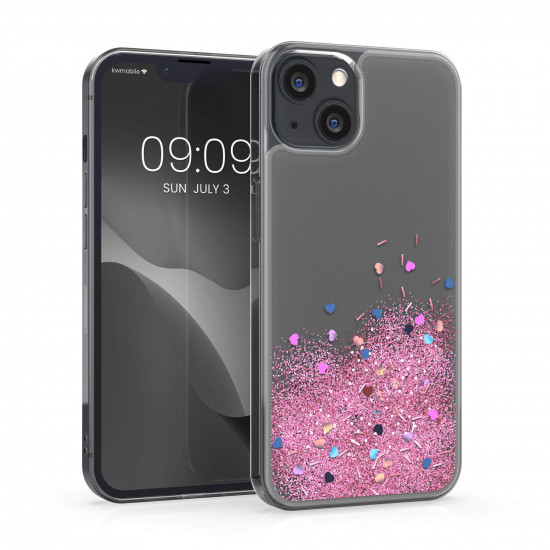 KW iPhone 13 Θήκη Σιλικόνης TPU - Design Snowglobe Hearts - Pink / Multicolor - Διάφανη - 56809.01