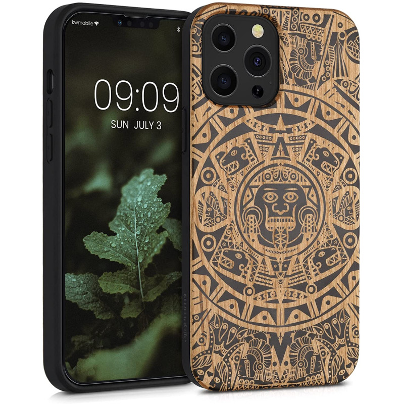 KW iPhone 13 Pro Max Θήκη από Φυσικό Ξύλο Design Maya Calendar Art - Light Brown / Black - 55980.05
