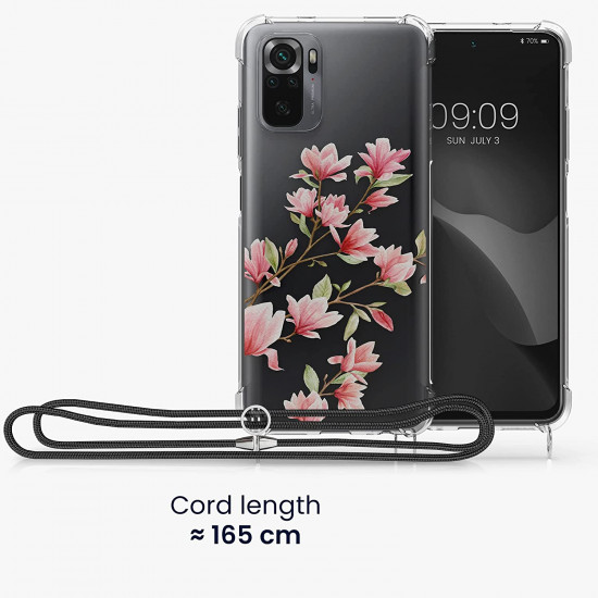KW Xiaomi Redmi Note 10 / Note 10s / Poco M5s Θήκη Σιλικόνης TPU με Λουράκι Design Magnolias - Light Pink / White - Διάφανη - 56534.02
