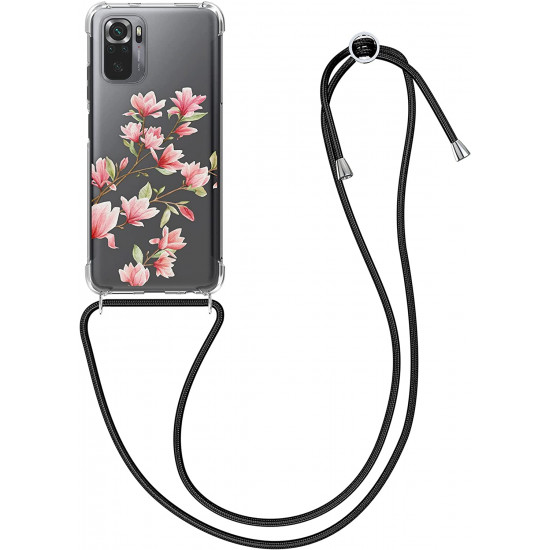 KW Xiaomi Redmi Note 10 / Note 10s / Poco M5s Θήκη Σιλικόνης TPU με Λουράκι Design Magnolias - Light Pink / White - Διάφανη - 56534.02