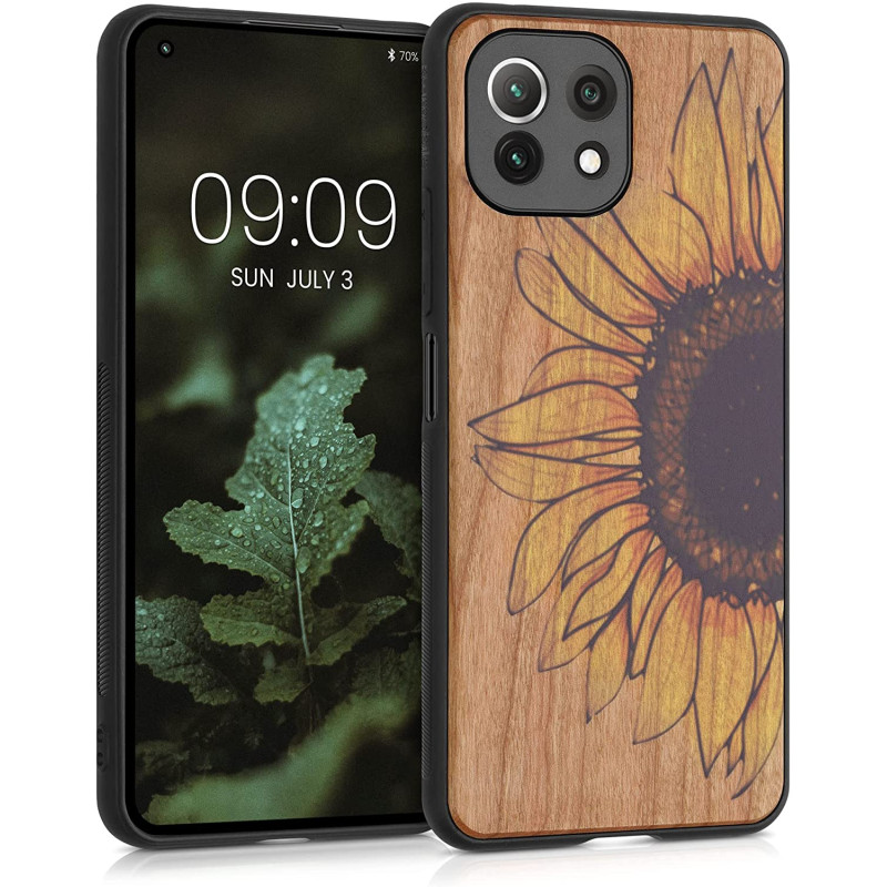 KW Xiaomi Mi 11 Lite / Mi 11 Lite 5G Θήκη από Φυσικό Ξύλο - Design Wood Sunflower - Yellow / Dark Brown / Light Brown - 55939.06