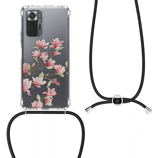 KW Xiaomi Redmi Note 10 Pro Θήκη Σιλικόνης TPU με Λουράκι Design Magnolias - Light Pink / White - Διάφανη - 56529.02