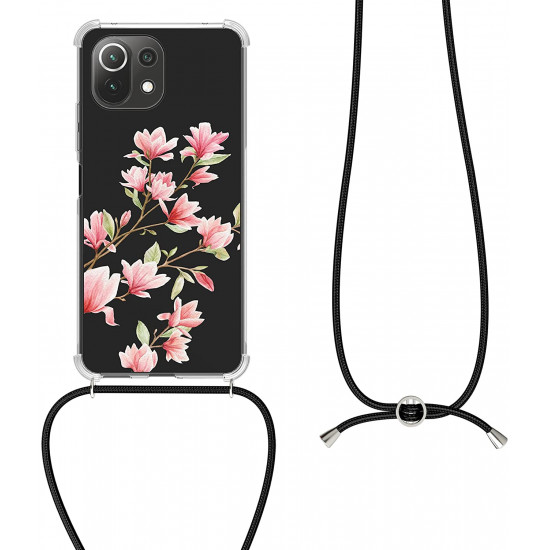 KW Xiaomi Mi 11 Lite / Mi 11 Lite 5G Θήκη Σιλικόνης TPU με Λουράκι Design Magnolias - Light Pink / White - Διάφανη - 56530.02
