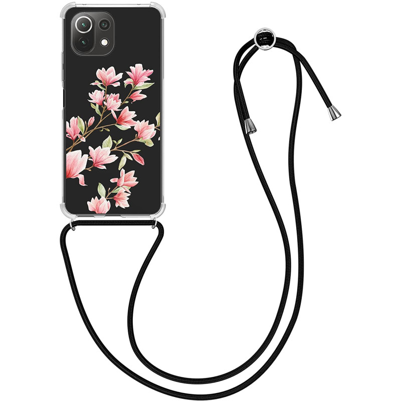 KW Xiaomi Mi 11 Lite / Mi 11 Lite 5G Θήκη Σιλικόνης TPU με Λουράκι Design Magnolias - Light Pink / White - Διάφανη - 56530.02