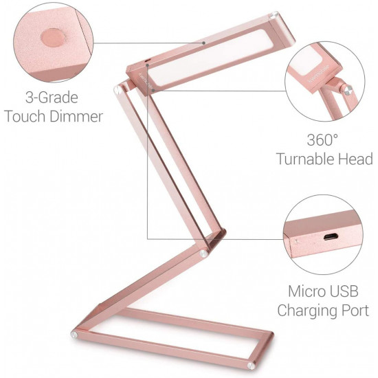 KW LED Folding Desk Lamp Επαναφορτιζόμενο Αναδιπλούμενο Μεταλλικό Φωτιστικό με καλώδιο Micro USB - Rose Gold - 45535.81