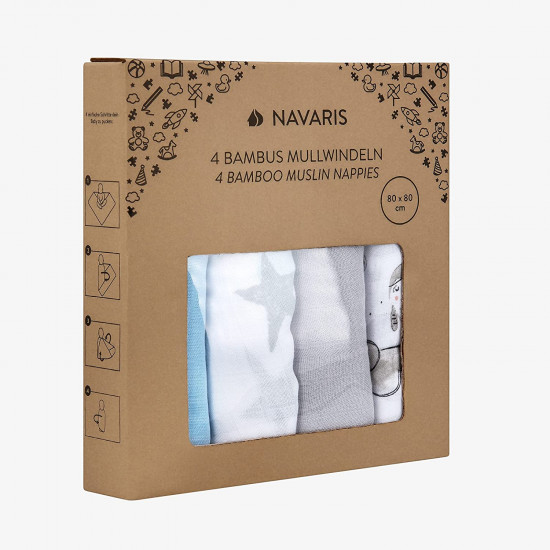 Navaris Σετ με 4 Πάνες Αγκαλιάς από Μουσελίνα για Μωρά - 80 x 80 cm - Design Clouds - 51484.01