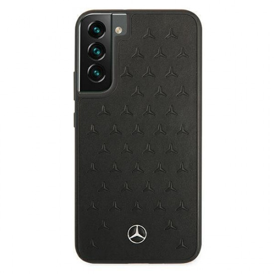 Mercedes Samsung Galaxy S22 Plus Stars Pattern Σκληρή Θήκη με Επένδυση Γνήσιου Δέρματος και Πλαίσιο Σιλικόνης - Black - MEHCS22MPSQBK