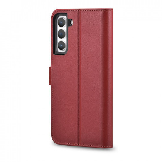 iCarer Samsung Galaxy S22 Haitang Leather Θήκη Πορτοφόλι Stand από Γνήσιο Δέρμα - Red