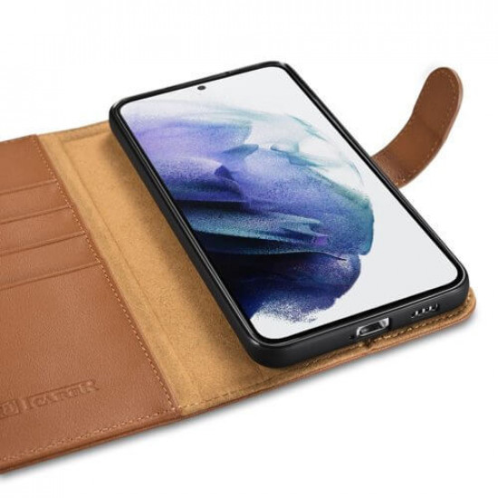 iCarer Samsung Galaxy S22 Plus Haitang Leather Θήκη Πορτοφόλι Stand από Γνήσιο Δέρμα - Brown 