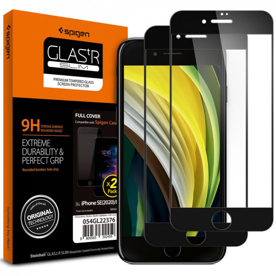Spigen iPhone SE 2022 / SE 2020 / 7 / 8 GLAS.tR Slim 2.5D Case Friendly Full Screen Tempered Glass Αντιχαρακτικό Γυαλί Οθόνης 9H - 2 Τεμάχια - Black