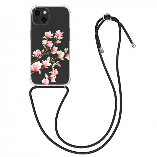 KW iPhone 13 Θήκη Σιλικόνης TPU με Λουράκι Design Magnolias - Διάφανη / Light Pink / White - 55951.03