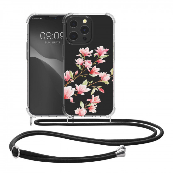 KW iPhone 13 Pro Θήκη Σιλικόνης TPU με Λουράκι Design Magnolias - Διάφανη / Light Pink / White - 55965.03