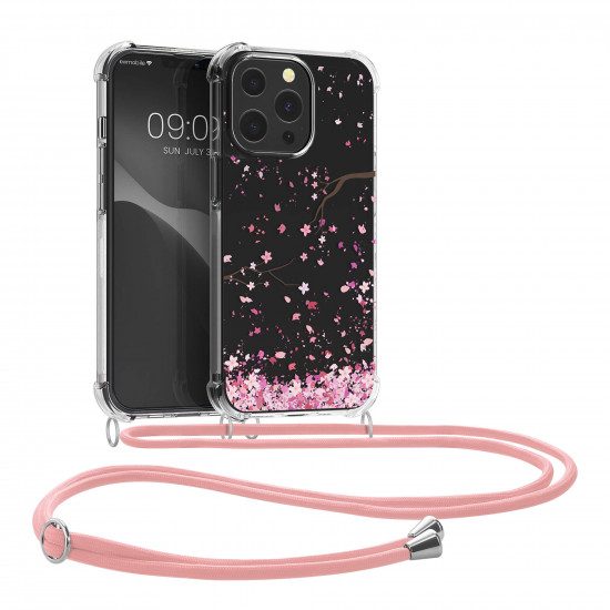 KW iPhone 13 Pro Θήκη Σιλικόνης TPU με Λουράκι Design Cherry Blossom Petals - Διάφανη / Light Pink - 55965.02