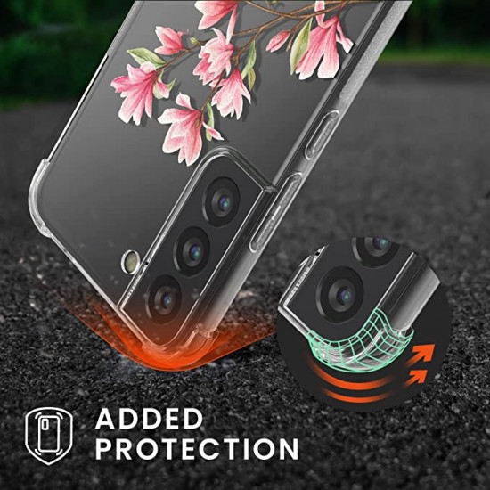 KW Samsung Galaxy S22 Θήκη Σιλικόνης TPU με Λουράκι Design Magnolia - Διάφανη / Pink White / Green - 57746.01