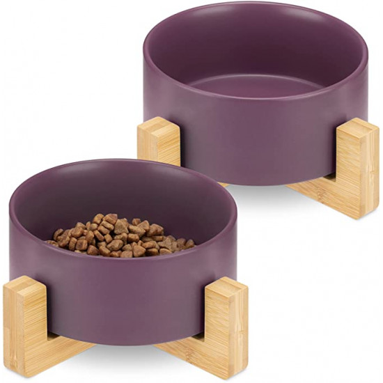 Navaris Cat Bowls with Wood Stands - Σετ με 2 Μπολ Φαγητού και Νερού με Βάση από Μπαμπού για Κατοικίδια - 850ml - Matte Purple / Brown - 48350.55