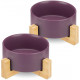 Navaris Cat Bowls with Wood Stands - Σετ με 2 Μπολ Φαγητού και Νερού με Βάση από Μπαμπού για Κατοικίδια - 850ml - Matte Purple / Brown - 48350.55