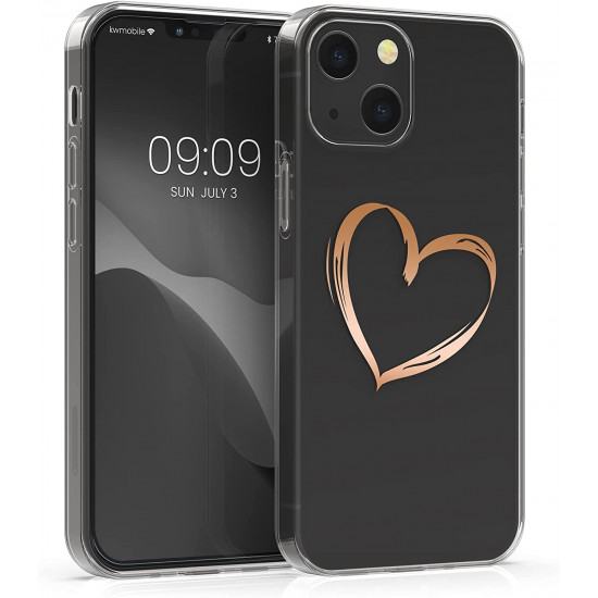 KW iPhone 13 Θήκη Σιλικόνης TPU Design Heart Brush - Διάφανη / Rose Gold - 57143.05
