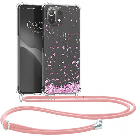 KW Xiaomi Mi 11 Lite / Mi 11 Lite 5G Θήκη Σιλικόνης TPU με Λουράκι Design Cherry Blossoms - Pink / Dark Brown - Διάφανη - 56530.03