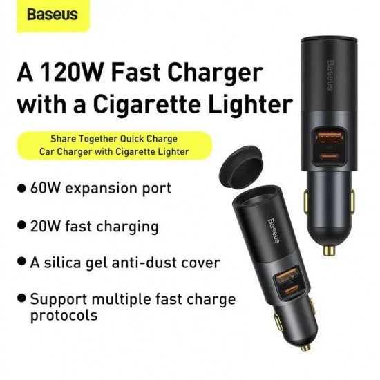 Baseus Share Together 120W Φορτιστής Αυτοκινήτου Γρήγορης Φόρτισης με 1 Θύρα USB και 1 Θύρα Type-C - Grey - CCBT-C0G