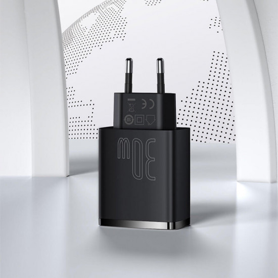 Baseus Compact Οικιακός Φορτιστής Γρήγορης Φόρτισης με 2 Θύρες USB και 1 Θύρα Type-C 30W - Black - CCXJ-E01