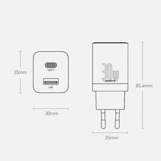 Baseus Super Si Pro Οικιακός Φορτιστής Γρήγορης Φόρτισης USB και Type-C QC 3.0 PD 3.0 30W - White - CCSUPP-E02