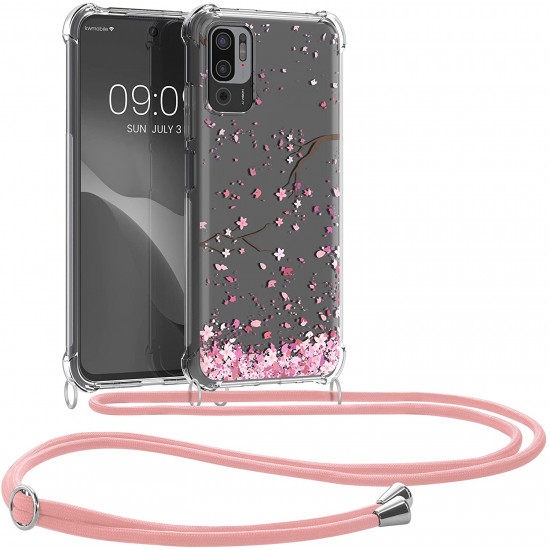KW Xiaomi Redmi Note 10 5G / Poco M3 Pro 5G Θήκη Σιλικόνης TPU με Λουράκι Design Cherry Blossoms - Pink / Dark Brown - Διάφανη - 57819.02