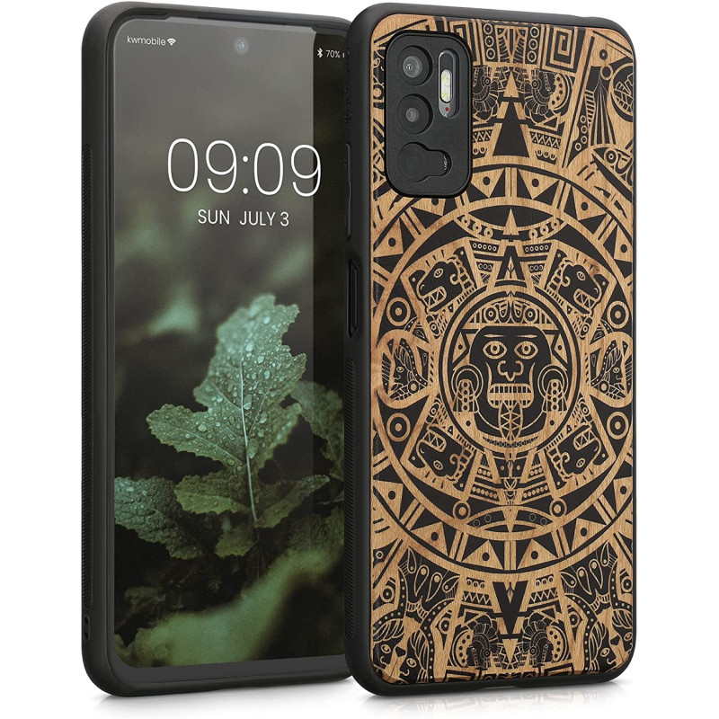 KW Xiaomi Redmi Note 10 5G Θήκη από Φυσικό Ξύλο - Design Mayan Calendar - Light Brown / Black - 56792.03