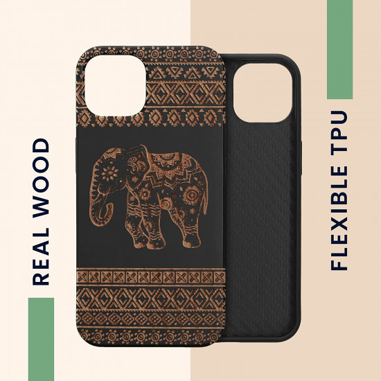 KW iPhone 13 Θήκη από Φυσικό Ξύλο - Design Wood Elephant With Pattern - Light Brown / Black - 55953.11