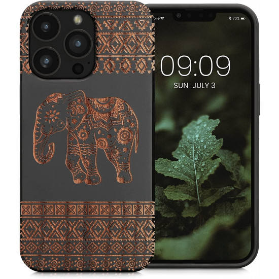 KW iPhone 13 Pro Θήκη από Φυσικό Ξύλο - Design Wood Elephant With Pattern - Light Brown / Black - 55967.10