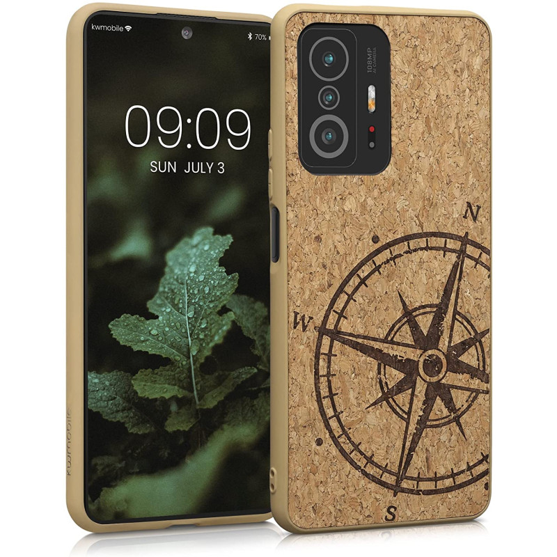 KW Xiaomi 11T / 11T Pro Σκληρή Θήκη από Φελλό με Πλαίσιο Σιλικόνης - Design Navigational Compass - Dark Brown / Light Brown - 57926.02