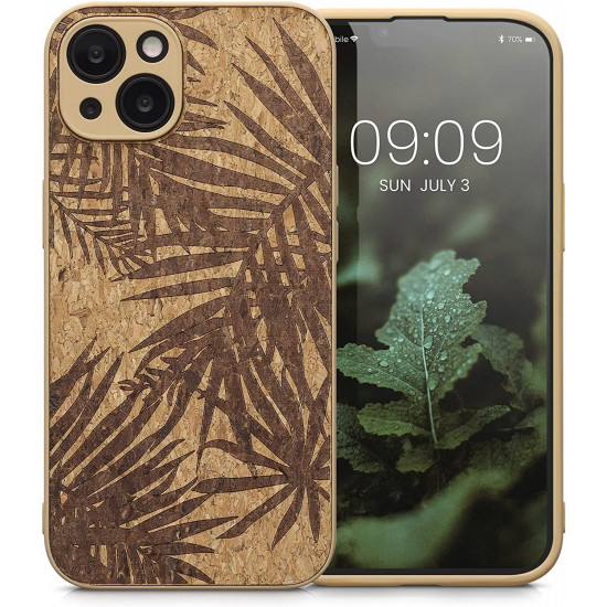 KW iPhone 13 Σκληρή Θήκη από Φελλό με Πλαίσιο Σιλικόνης - Design Palm Leaves - Dark Brown / Light Brown - 58125.01
