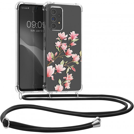 KW Samsung Galaxy A53 5G Θήκη Σιλικόνης TPU με Λουράκι Design Magnolias - Διάφανη / White / Pink - 58234.02