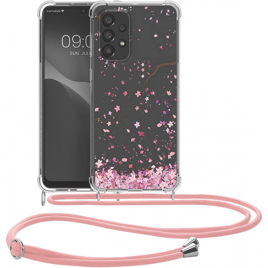 KW Samsung Galaxy A33 5G Θήκη Σιλικόνης TPU με Λουράκι Design Cherry Blossoms - Διάφανη / Dark Brown / Pink - 58233.03