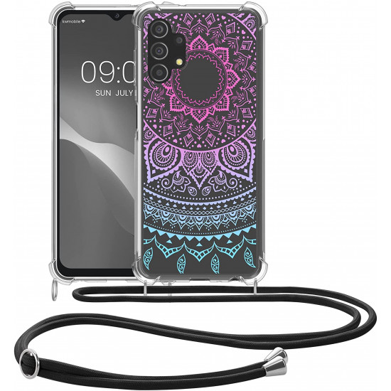 KW Samsung Galaxy A13 4G Θήκη Σιλικόνης TPU με Λουράκι Design Indian Sun - Διάφανη / Dark Pink / Blue - 58232.04