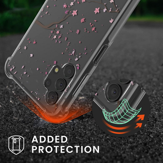 KW Samsung Galaxy A13 4G Θήκη Σιλικόνης TPU με Λουράκι Design Cherry Blossoms - Pink / Dark Brown - Διάφανη - 58232.03