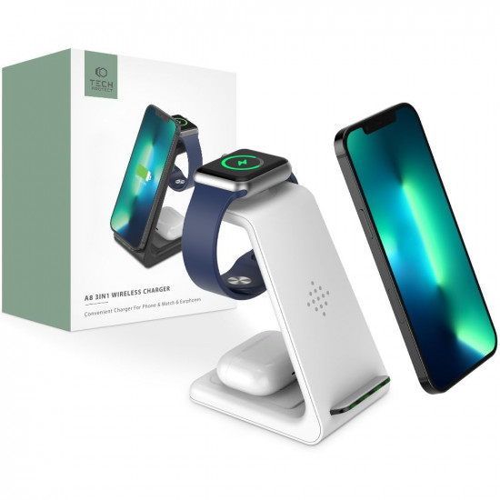 Tech-Protect A8 3in1 Ασύρματος Φορτιστής Qi Charge για Smartphones, Airpods και Apple Watch - White