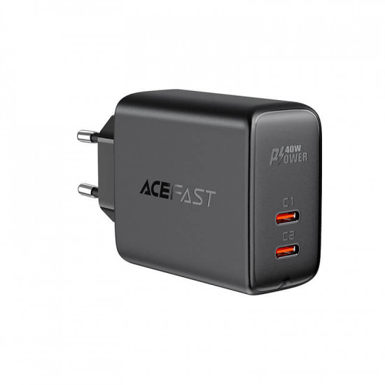 Acefast Οικιακός Φορτιστής Γρήγορης Φόρτισης με 2 Θύρες Type C QC 3.0 PPS PD 40W - Black