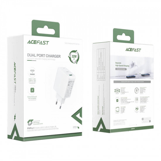 Acefast A5 Οικιακός Φορτιστής Γρήγορης Φόρτισης USB και Type-C QC 3.0 32W - White