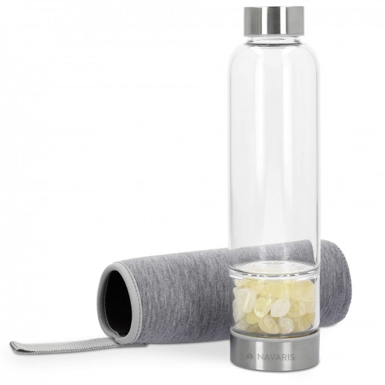 Navaris Γυάλινο Μπουκάλι Νερού με Πέτρες Κιτρίτη και Θήκη - BPA FREE - 420ml - Citrine Stone - 53150.05