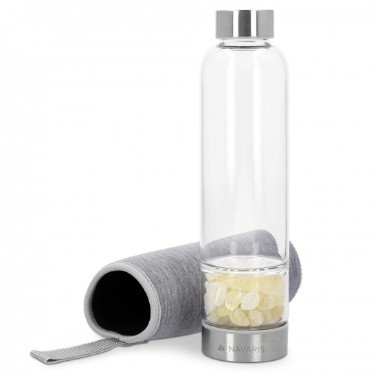 Navaris Γυάλινο Μπουκάλι Νερού με Πέτρες Κιτρίτη και Θήκη - BPA FREE - 420ml - Citrine Stone - 53150.05