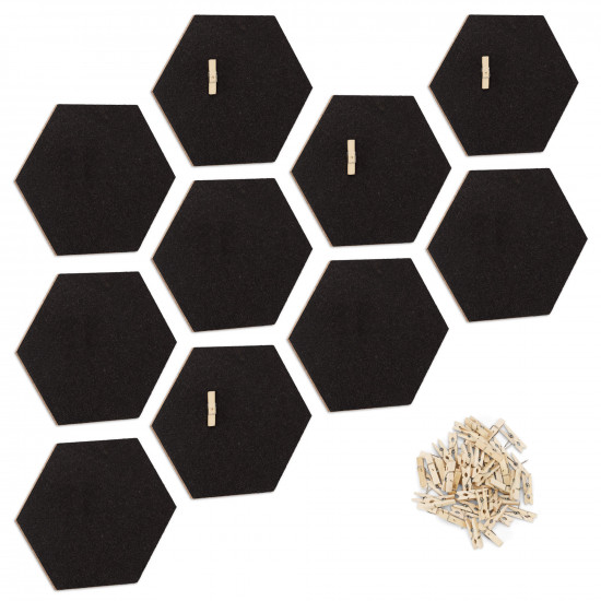 Navaris Cork Pin Board Hexagonal - Σετ με 10 Πίνακες Ανακοινώσεων από Φελλό και 50 Πινέζες - Black - 53218.01