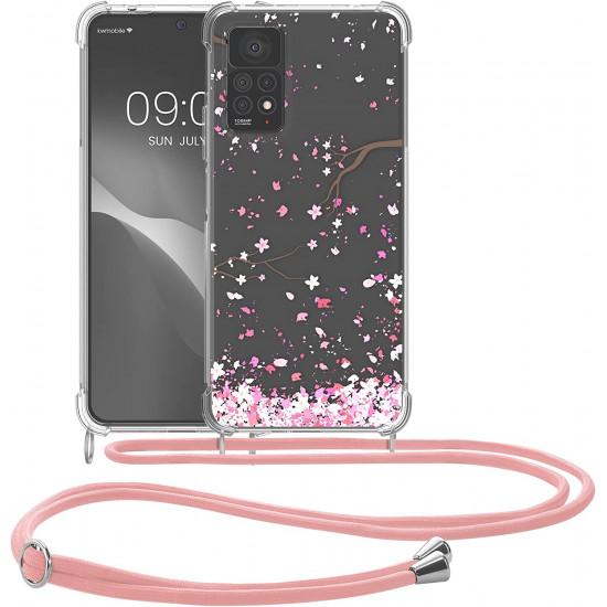 KW Xiaomi Redmi Note 11 Pro / Note 11 Pro 5G Θήκη Σιλικόνης TPU με Λουράκι Design Cherry Blossoms - Pink / Dark Brown / Διάφανη - 58419.01