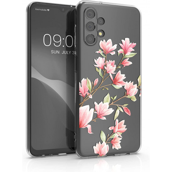 KW Samsung Galaxy A13 4G Θήκη Σιλικόνης TPU Design Magnolias - Light Pink / White - Διάφανη - 58381.01