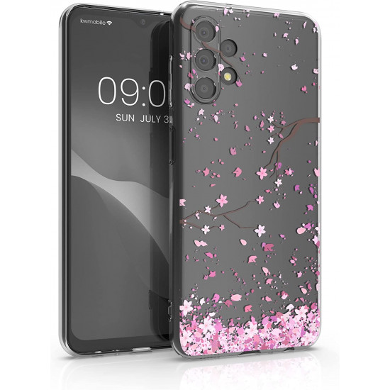 KW Samsung Galaxy A13 4G Θήκη Σιλικόνης TPU - Design Cherry Blossoms - Pink / Dark Brown - Διάφανη - 58381.02