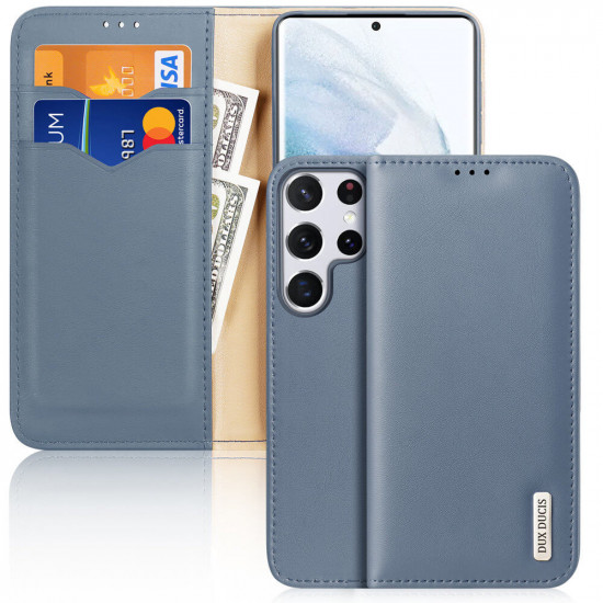 Dux Ducis Samsung Galaxy S22 Ultra Hivo Θήκη Πορτοφόλι Stand από Γνήσιο Δέρμα - Blue