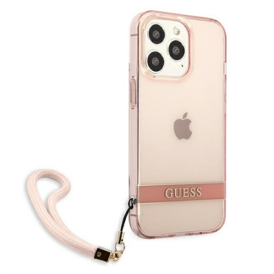 Guess iPhone 13 Pro Max Translucent Strap Σκληρή Θήκη με Λουράκι - Pink / Ημιδιάφανη - GUHCP13XHTSGSP