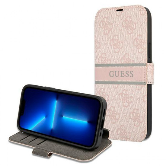 Guess iPhone 13 Pro Wallet Case Stripe Θήκη Πορτοφόλι με Επένδυση Συνθετικού Δέρματος - Pink - GUBKP13L4GDPI