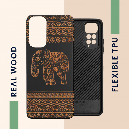 KW Xiaomi Redmi Note 11 / Redmi Note 11S Θήκη από Φυσικό Ξύλο - Design Wood Elephant with Pattern - Light Brown / Black - 57386.04