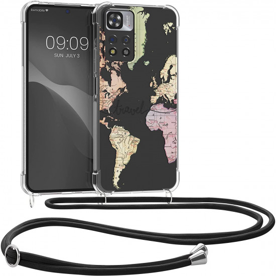 KW Xiaomi Redmi Note 11 Pro+ 5G Θήκη Σιλικόνης TPU με Λουράκι Design World Map Travel - Black / Multicolor / Διάφανη - 58101.02
