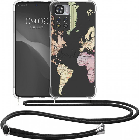 KW Xiaomi Redmi Note 11 Pro+ 5G Θήκη Σιλικόνης TPU με Λουράκι Design World Map Travel - Black / Multicolor / Διάφανη - 58101.02
